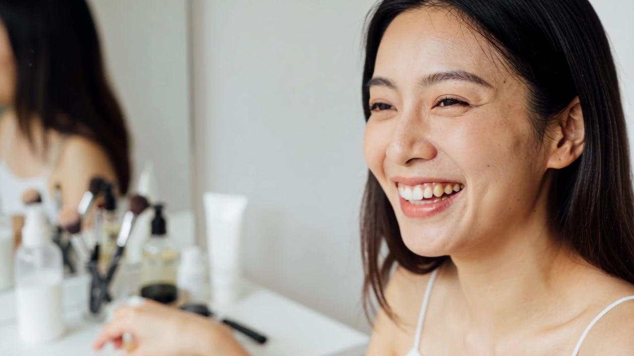 スパゲッティストラップのトップスを着た笑顔の女性が、笑いながら化粧ブラシに手を伸ばし、カメラに応えている。