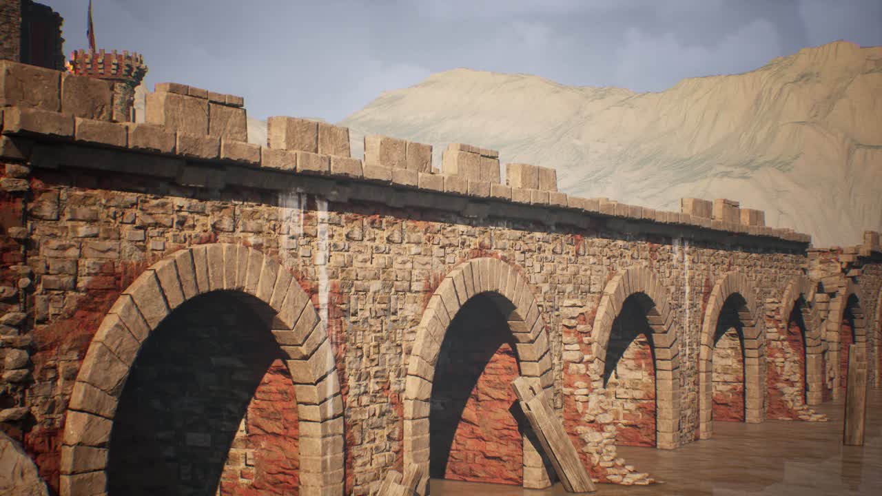 Old stone river bridge ruins with stones, woods, river, and mountains in the background, 3D animation, camera dolly up