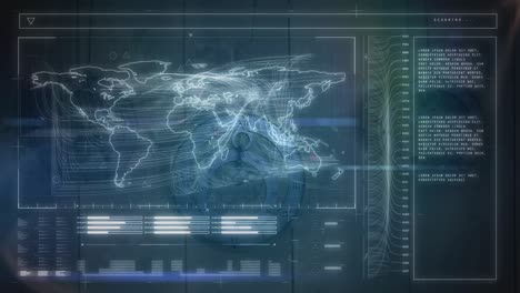 Animation-of-moving-clock-and-diverse-data-over-world-map