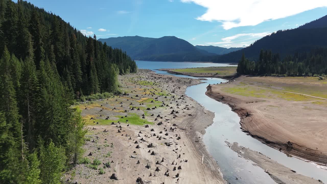 Aerial view of a lake with eroded shoreline and tree stumps