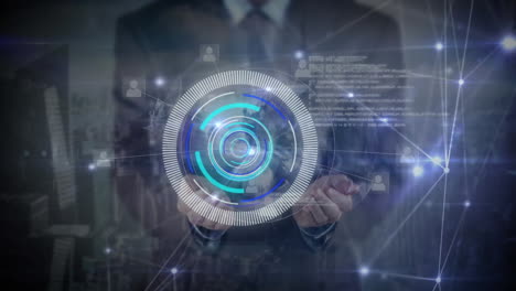 animation of scope scanning and network of connections over caucasian businessman