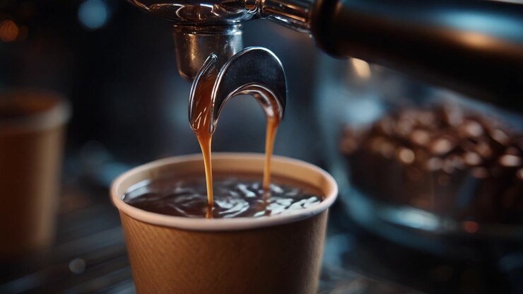 Close-up of espresso extraction, highlighting the rich coffee flow into a paper cup, showcasing the brewing process with perfect crema and dark liquid hues.