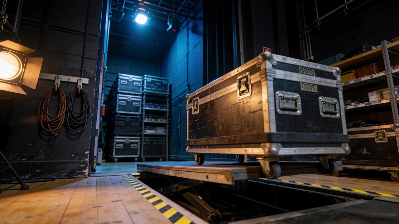 Lifting large black road case via scissor-lift extending from stage pit for show setup