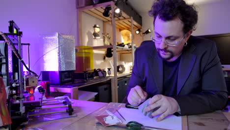 wide shot of a sculptor working on a creation inside his workshop