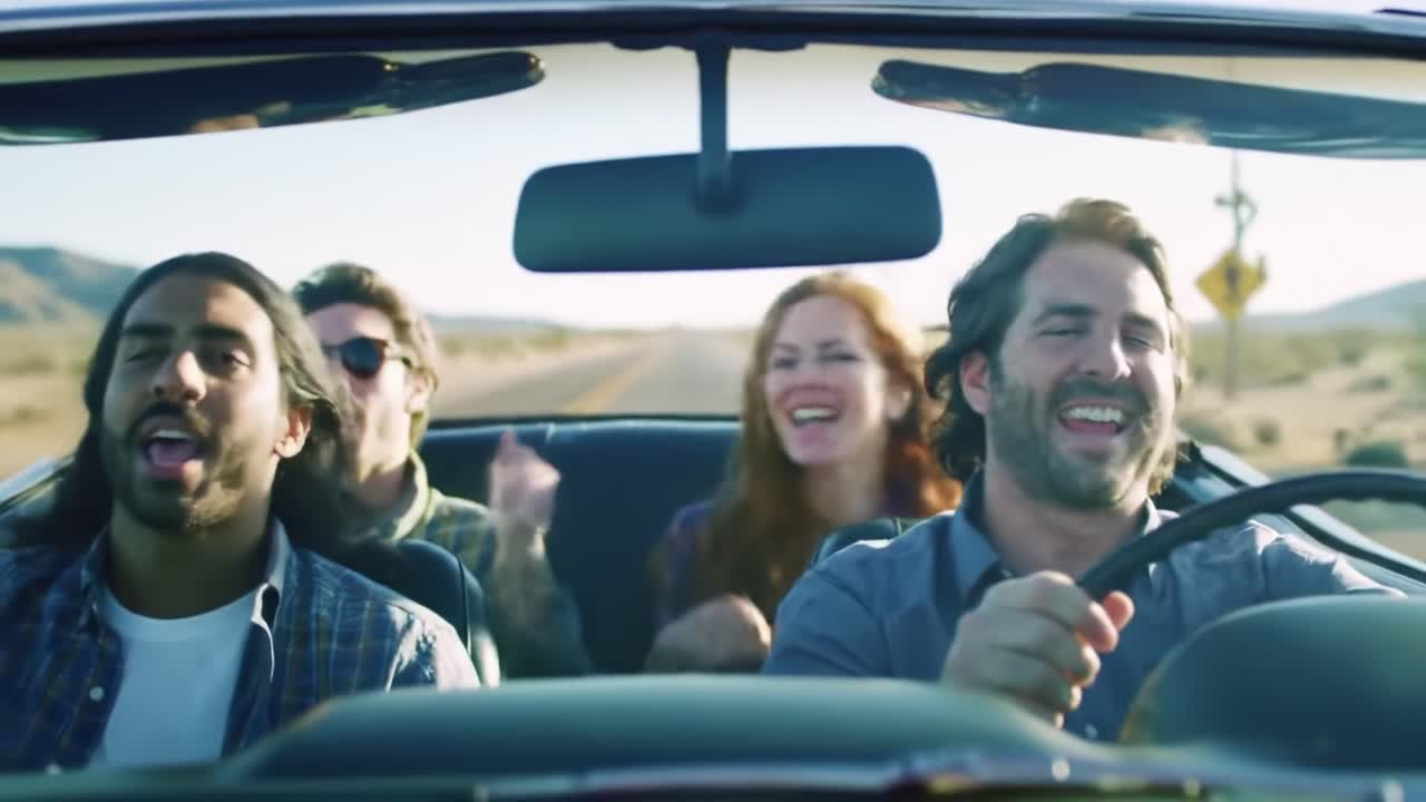 A Joyous Road Trip Adventure: Four Friends Singing and Enjoying Freedom on an Open Highway in a Classic Convertible Under the Bright Sun