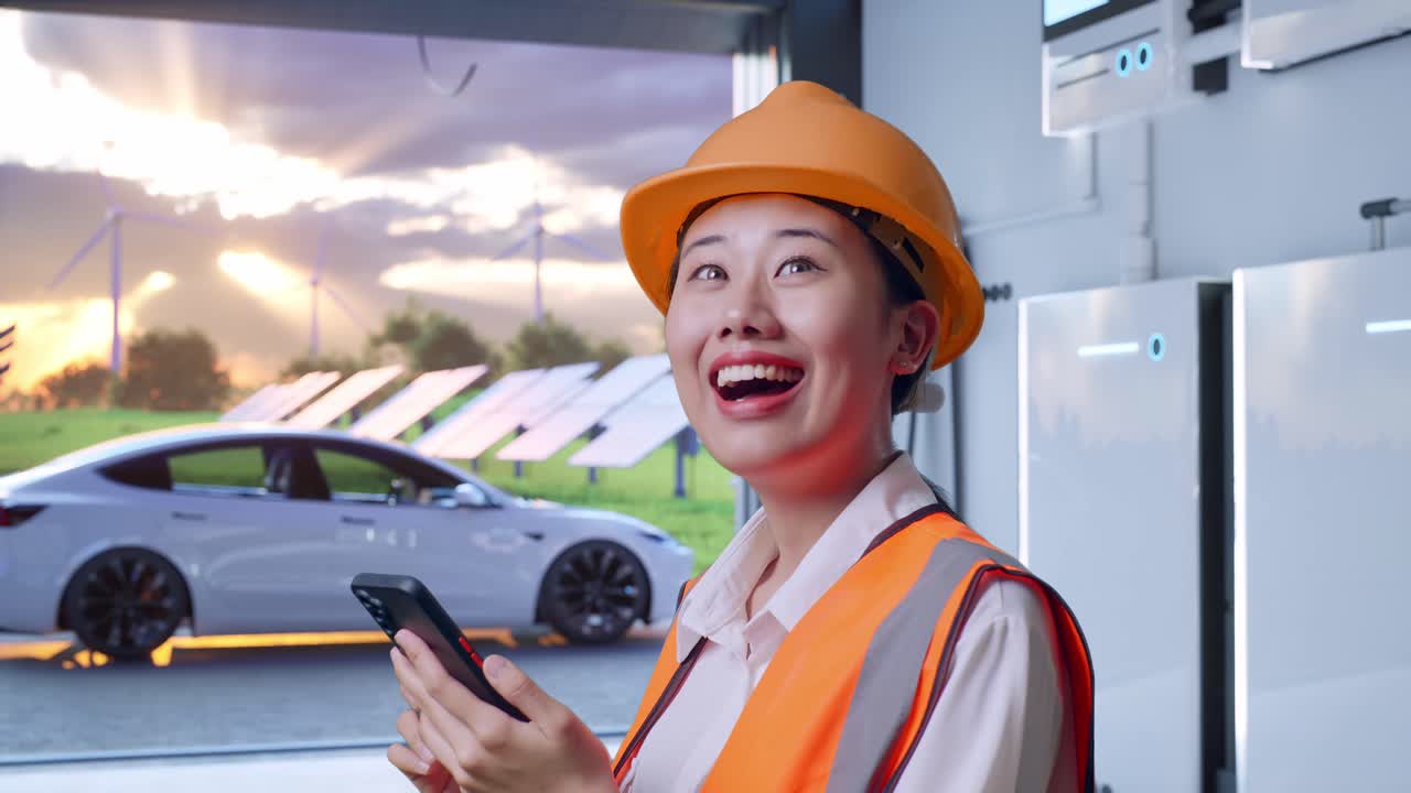 Close Up Side View Of Asian Female Engineer With Safety Helmet Using Smartphone And Looking Around With Home Energy Storage System In a Modern Garage