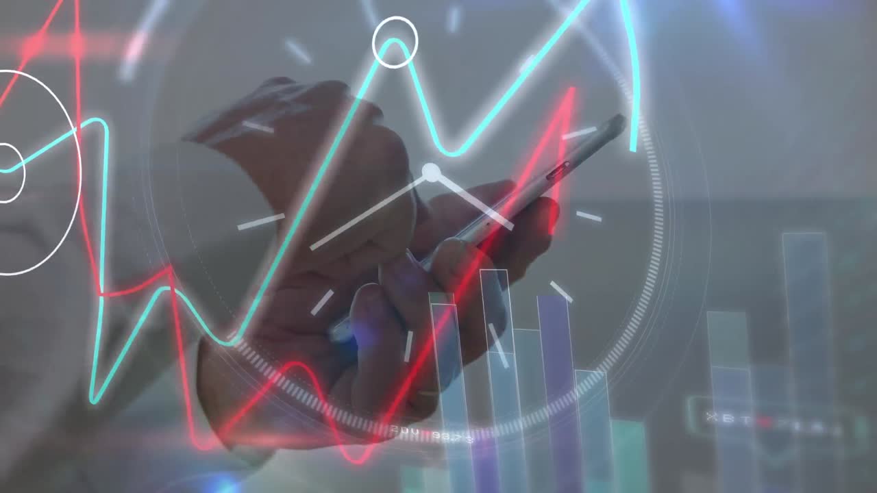 animación de un hombre usando un teléfono inteligente sobre el paisaje urbano