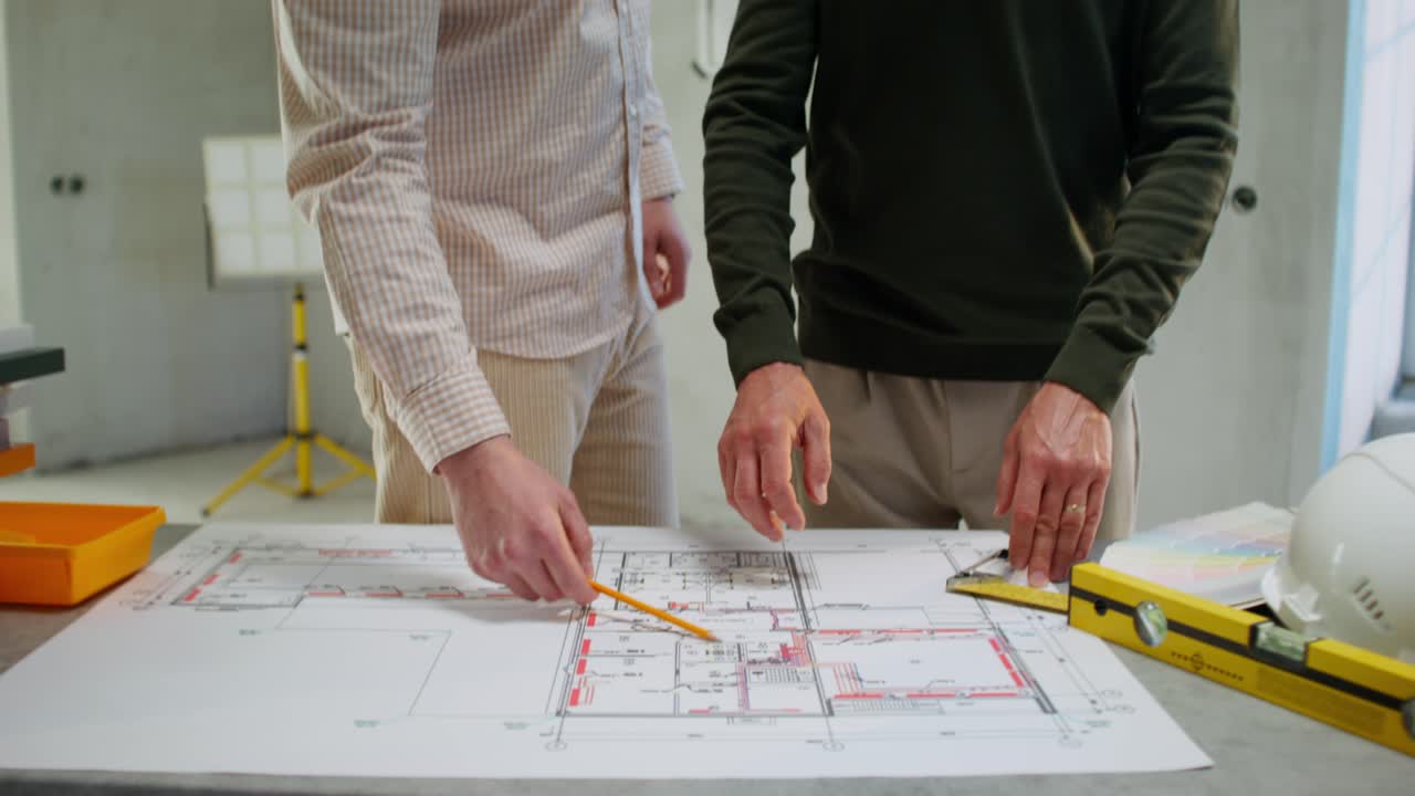 건설 팀이 계획을 검토하고 있습니다.