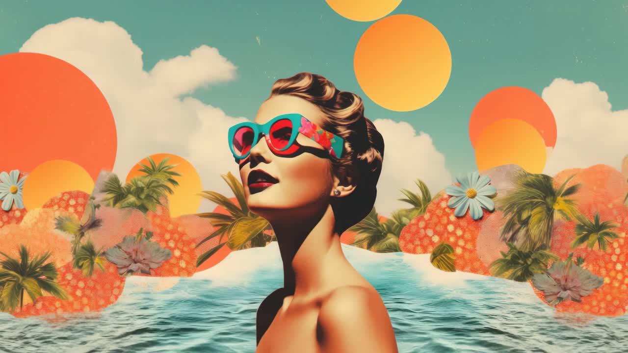 Retro pop-art styl s živými barvami zobrazující ženu ve slunečních brýlích