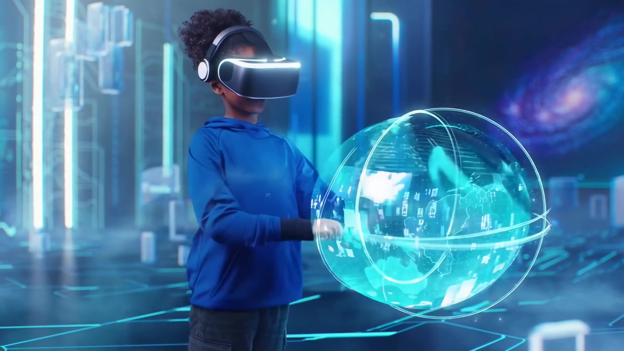 Young Boy Interacting with Holographic Earth in Virtual Reality