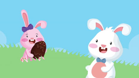 feliz pascua tarjeta animada con conejos pareja en el campamento