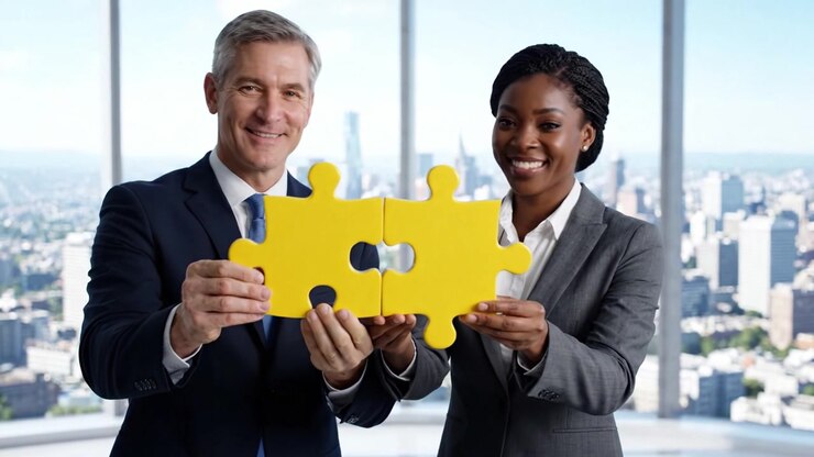 A Collaborative Partnership: Two Professionals Coming Together to Solve Challenges with Puzzle Pieces in a Modern Office Setting Overlooking the City Skyline