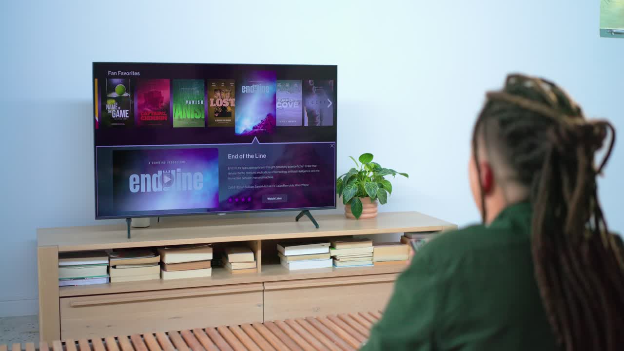 Uomo di mezza età che preme il telecomando scorrendo tra i programmi TV preferiti dai fan e acclamati dalla critica, con spazio per il testo