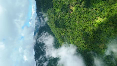 formación de nubes sobre exuberante bosque de hoja perenne paisaje montañoso del norte del sudeste asiático, volando a través de las nubes vista de la cabina de mando, retrato vertical 9:16 video