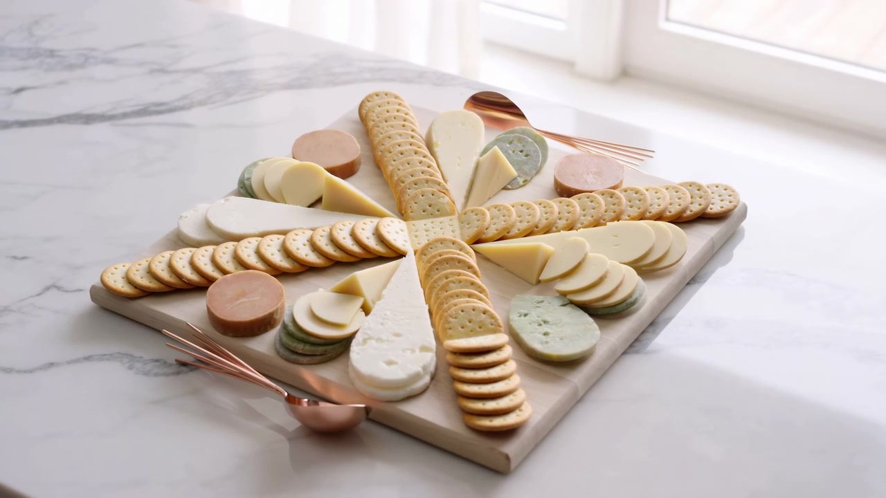 Tabla de quesos preparada sobre una tabla de madera clara sobre una encimera de mármol blanco junto a una ventana luminosa de múltiples paneles, con galletas redondas dispuestas en cuatro radios y trozos de queso pálido cerca