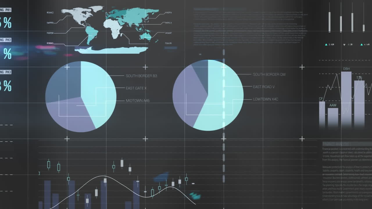 Animation of financial data processing over grey background
