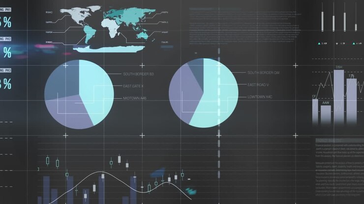 Animation of financial data processing over grey background