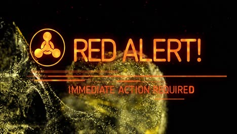 animación de un cartel de texto de alerta rojo y ondas digitales amarillas brillantes contra un fondo negro