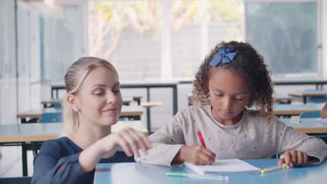 amable maestra de escuela dando ayuda a una colegiala negra