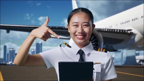 close up of asian woman pilot smiling and pointing to tablet in her hand while standing in airfield with airplane on background