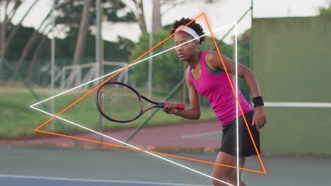 tennis player swinging red-handled racket on court, showing animated charts for sports tech