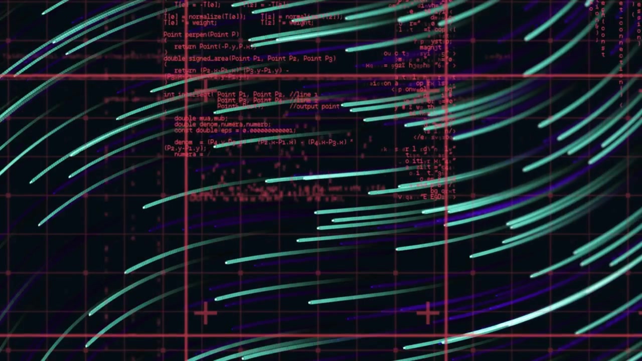 Animation of green light trails and data processing against black background