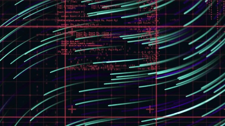 Animation of green light trails and data processing against black background