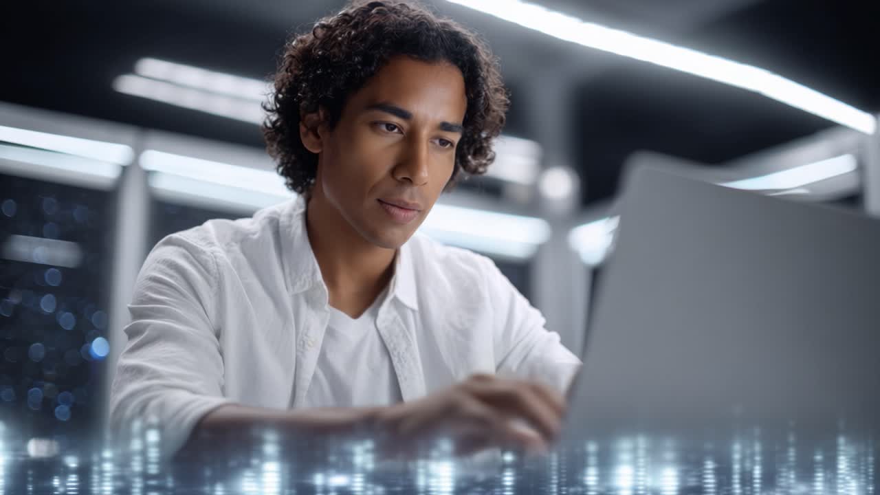 Focused Young Man Working on Laptop in Futuristic Environment, Surrounded by Digital Interfaces, Representing Technology Engagement and Modern Productivity