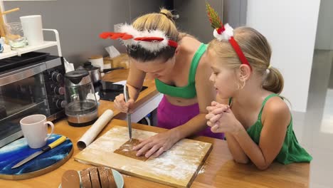 mom and daughter baking gingerbread cookies for christmas