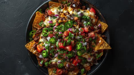 loaded beef nachos with jalapeños, tomatoes, onions, cilantro, and sour cream