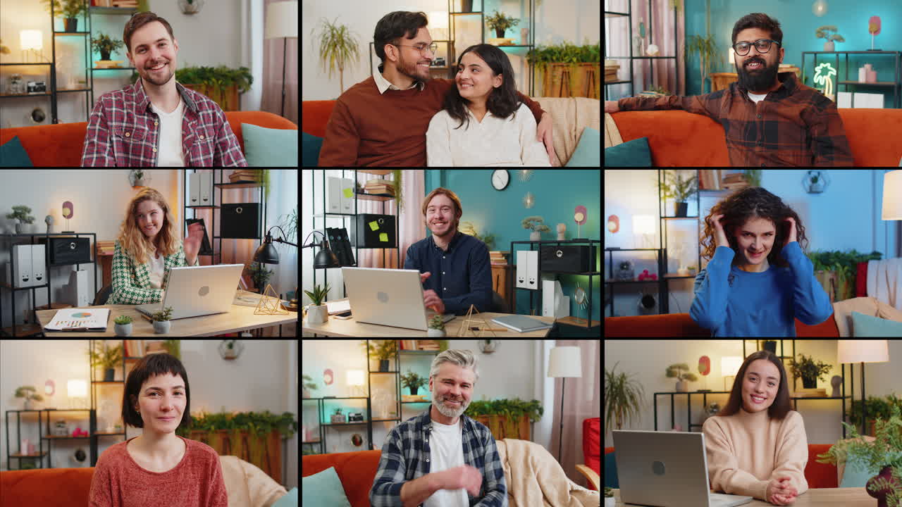 collage de personas felices hombres mujeres retratos mirando a la cámara y sonriendo expresión de alegría en casa