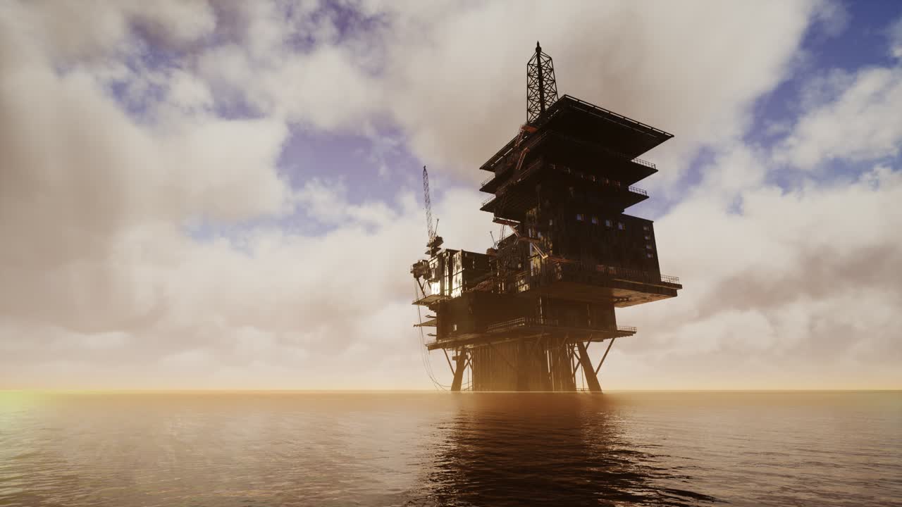 Offshore Jack Up Rig in The Middle of The Sea at Sunset Time