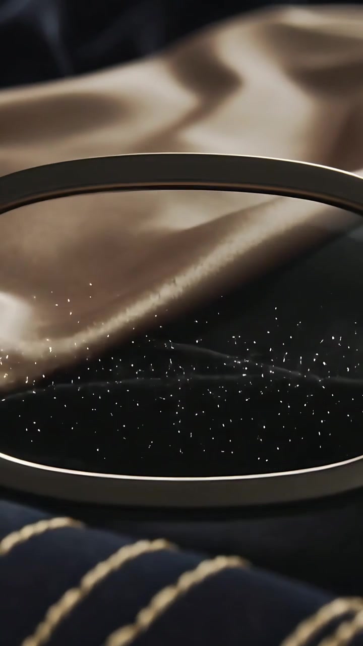 Video verticale: Luce che colpisce il bordo, il bordo che cattura i glitter su un tavolo che mostra un panno blu navy e raso color cuoio.