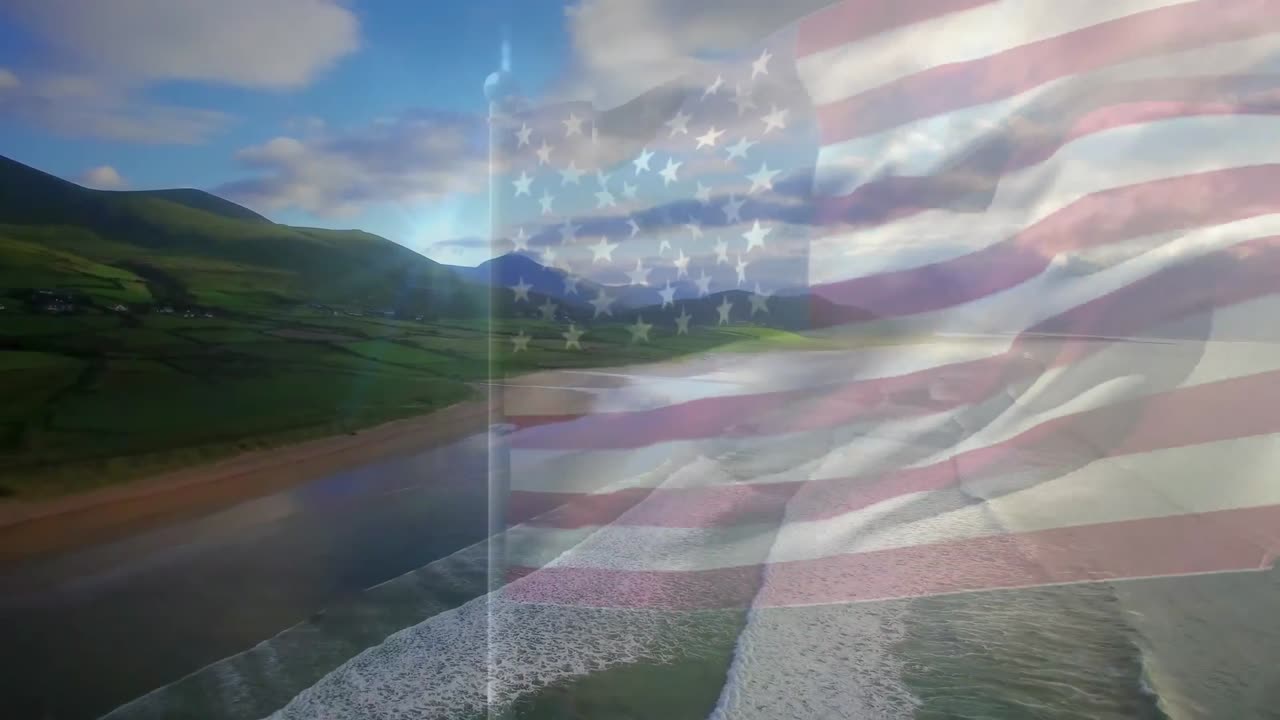 composición digital de agitarnos la bandera contra la vista aérea de la playa y el mar