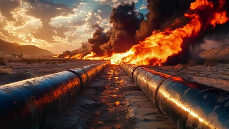 a large pipe in the middle of a desert with a large explosion in the background