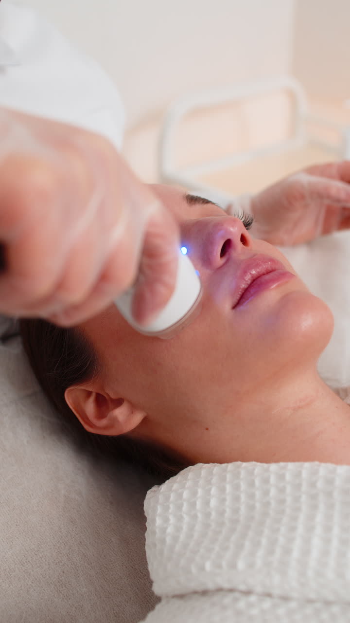 Beautician makes woman rf lifting cosmetology procedure of face and cheek area collagen mask at spa