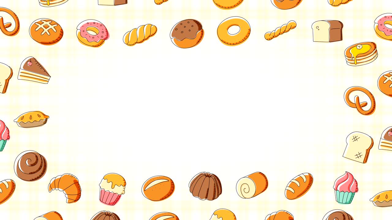 Fundo com padrão de moldura em espiral em movimento de padaria, ilustração de desenho à mão estilo cartoon isolada em fundo branco, animação em loop contínuo 4K, com espaço para texto no centro