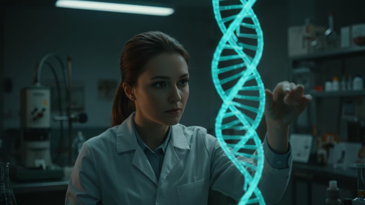 A Scientist Analyzing a Glowing DNA Helix in a Modern Laboratory, Exploring Genetic Structures and Cutting-Edge Research Techniques to Uncover Biological Mysteries
