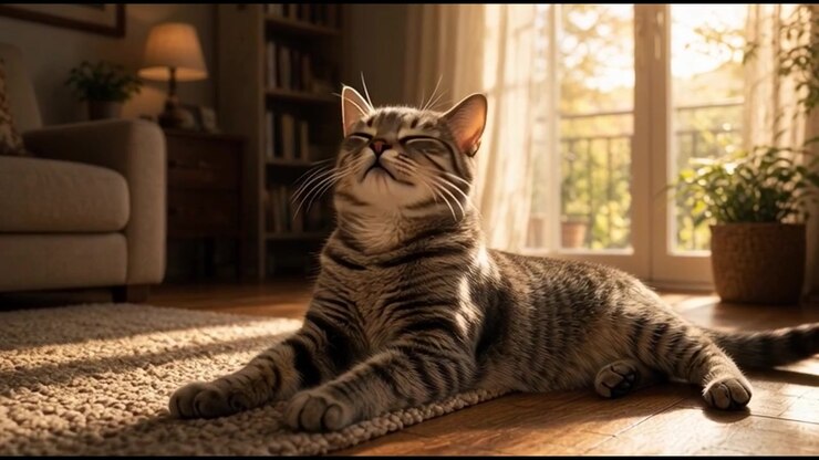 Tabby Cat Resting and Stretching on Living Room Floor