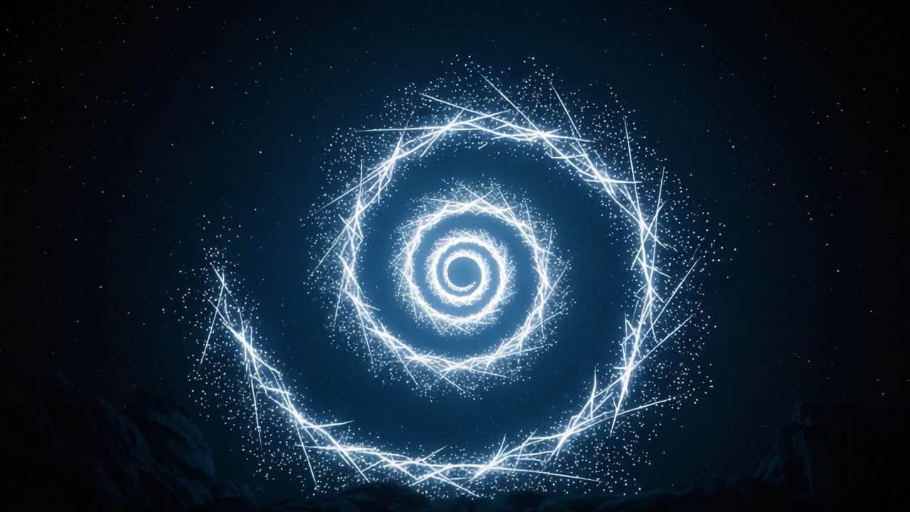 A Mesmerizing Spiral of Light: A Stunning Display of Electric Energy Whirling Through the Cosmos, Creating a Captivating Visual Experience in a Darkened Landscape