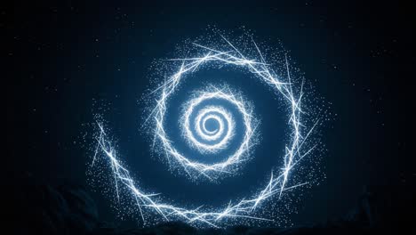 a mesmerizing spiral of light: a stunning display of electric energy whirling through the cosmos, creating a captivating visual experience in a darkened landscape