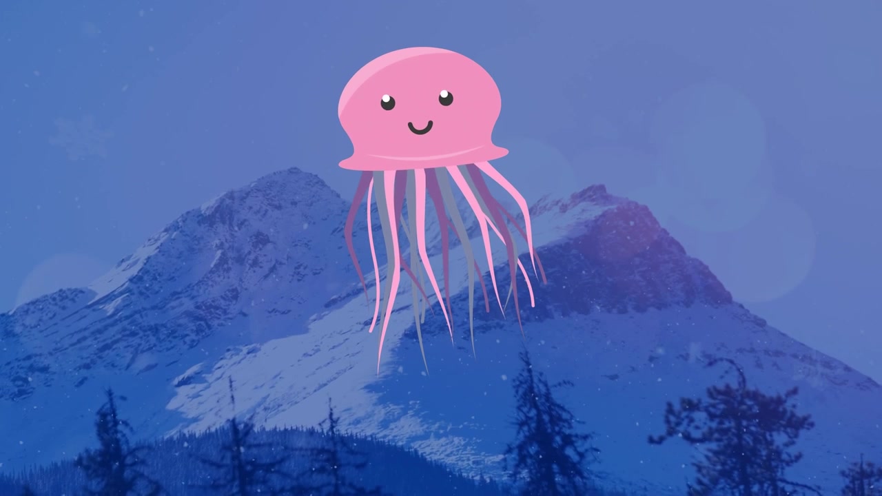 Animazione di meduse rosa su montagne innevate contro il cielo durante tempo nebbioso