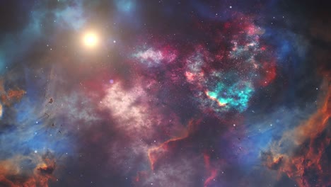 volando a través de coloridas nebulosas fractales y estrellas, el universo