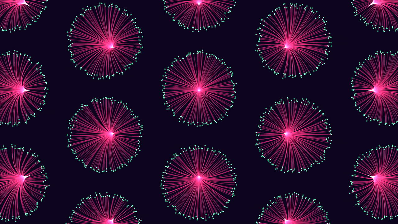 어두운 그라디엔트에 네온 점이 있는 줄에 있는 착각 네온 원 패턴