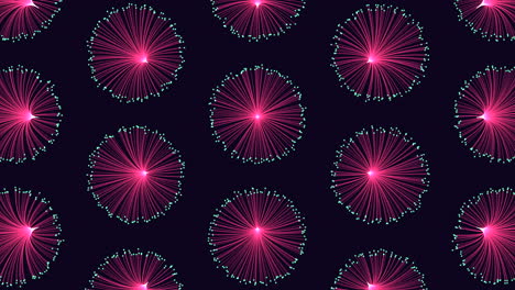 illusion neon circles pattern in rows with neon dots on dark gradient