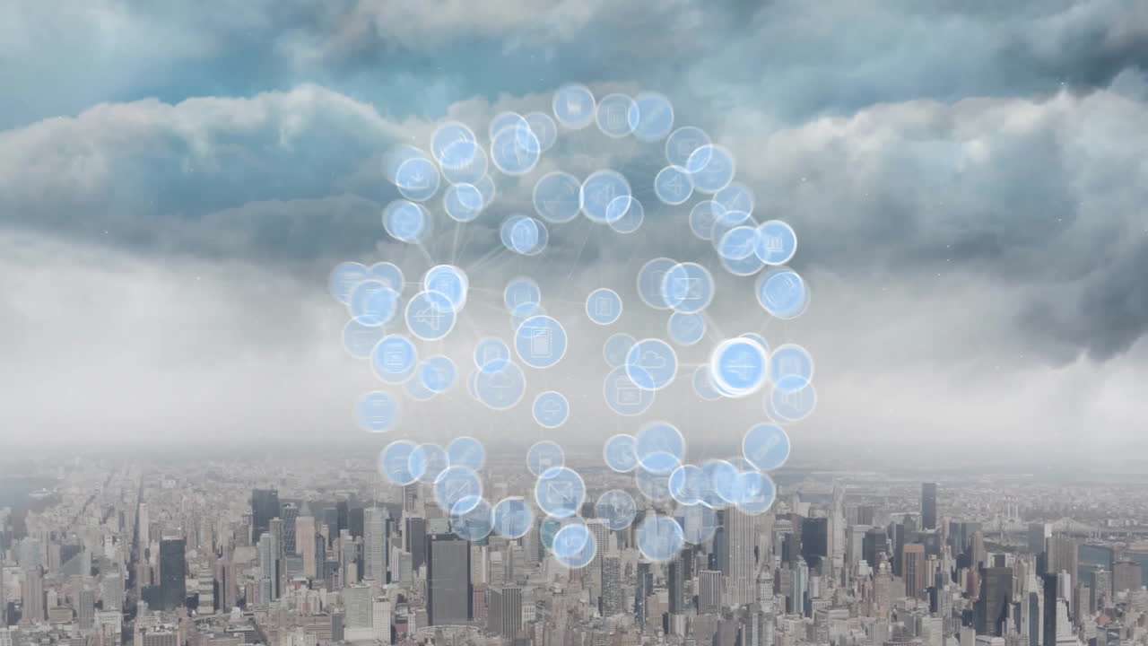 도시 풍경 위의 아이콘과 연결된 네트워크의 지구상의 애니메이션