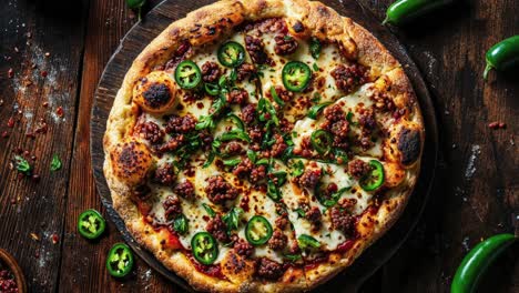 pizza de carne de jalapeno picante en una tabla de madera