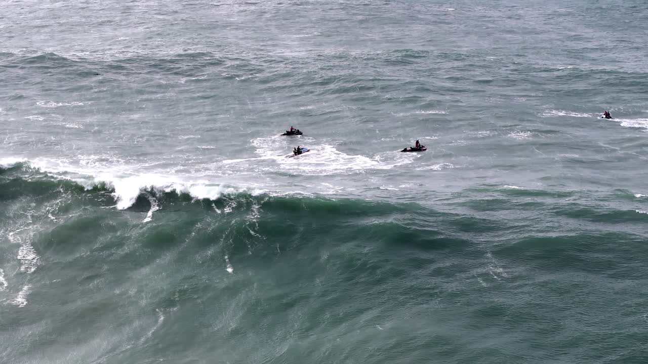 Jet Ski Riders in Giant Nazaré Waves, Aerial View