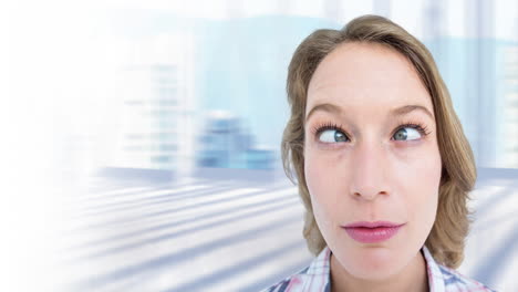 video of crossed eyed caucasian woman over out of focus city in background