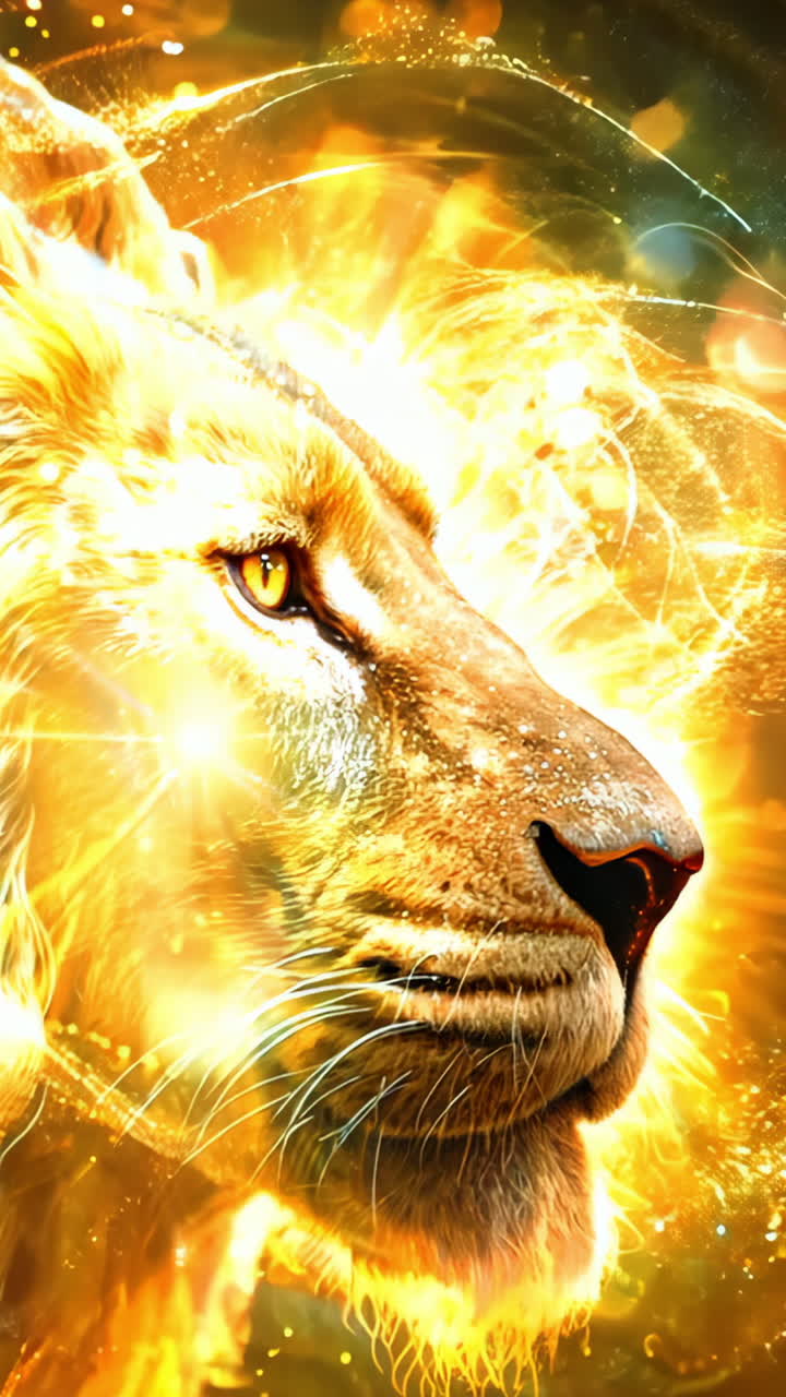 A lion with a golden mane and glowing eyes. The lion is surrounded by a lot of sparkles and fire, giving the image a mystical and magical feel Vertical video